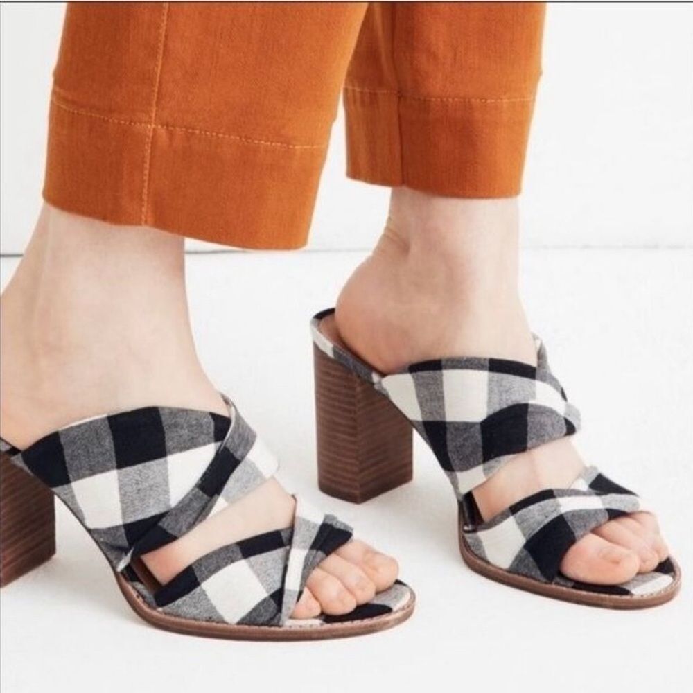 Madewell Alexandria Gingham Block Heel Sandals Twist Strap Black White Mule 7.5 - Picture 2 of 14